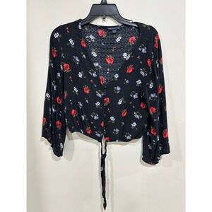 American Eagle Floral Tie Front Blouse Black Boho Bell Sleeve Top Small Cottage